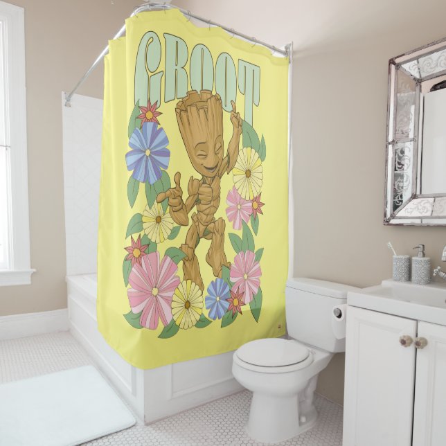Rideaux De Douche Graphisme Retro Floral Dancing Kid Groot (En situation)