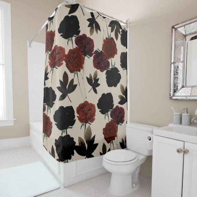 Rideaux De Douche Gras floral foncé rouge et noir beige Botanique (En situation)
