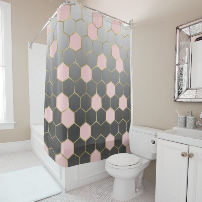 Rideaux De Douche Gray rose et or Hexagon moderne Glam (En situation)