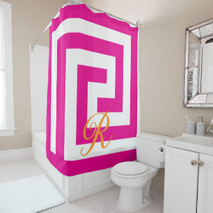 Rideaux De Douche Grecque Monogrammes Hot rose Orange Motifs blancs