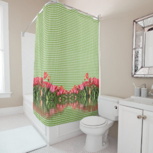 Rideaux De Douche Green Check with Tulips