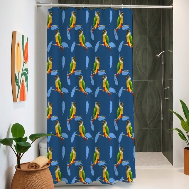 Rideaux De Douche Green Cheeked Conure Vibrant Parrot Feathers Blue (Vibrant pop art shower curtain with playful green cheeked conures and bold blue feathers.)