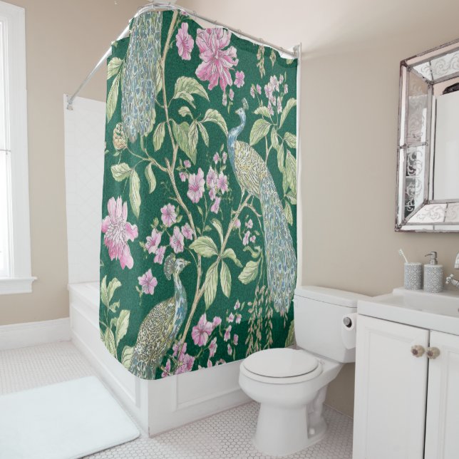 Rideaux De Douche Green Chinoiserie paon floral élégant (En situation)