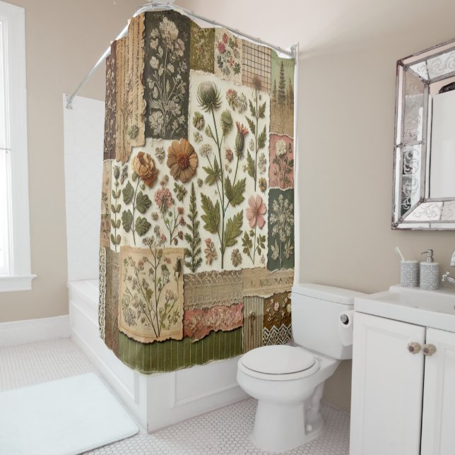 Rideaux De Douche Green Rose Patchwork Rustique Rétro Floral Farmhou (En situation)