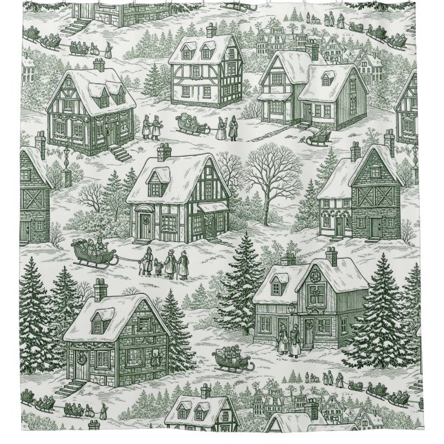 Rideaux De Douche Green Toile Vintage Christmas Village Pattern (2) (Devant)