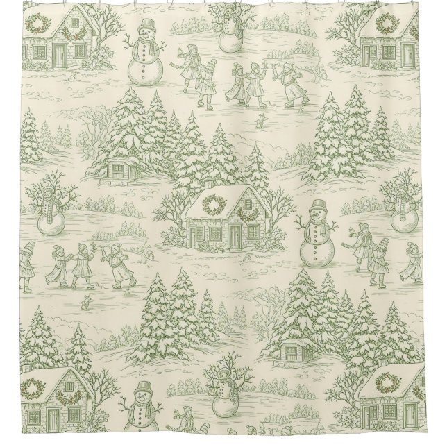 Rideaux De Douche Green Toile Vintage Christmas Village Pattern (5) (Devant)