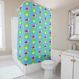 Rideaux De Douche Grenouille de Noël Santa Hat Motif Bleu
