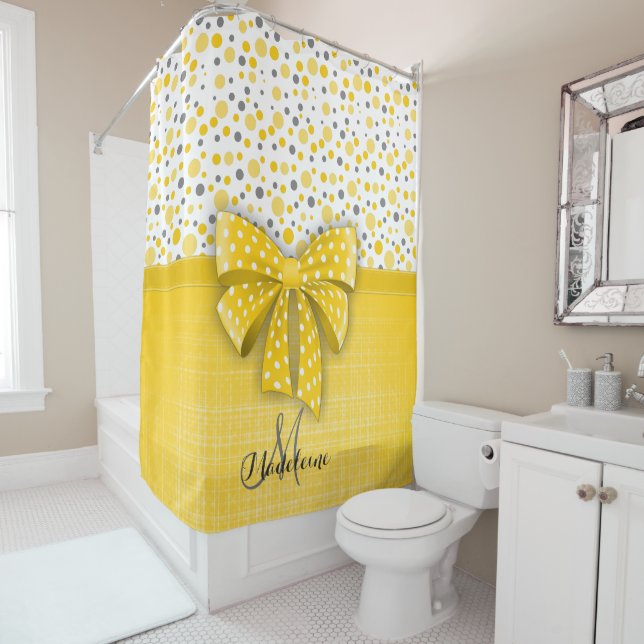 Rideaux De Douche Grey and Yellow Polka Dots, Sunny Yellow Ribbon (En situation)