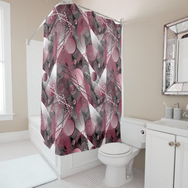 Rideaux De Douche Grey, Bourgogne, blanc motif abstrait. (En situation)