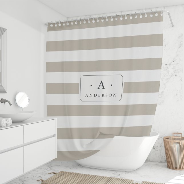 Rideaux De Douche Grige Bande Nom de famille et monogramme (Créateur téléchargé)