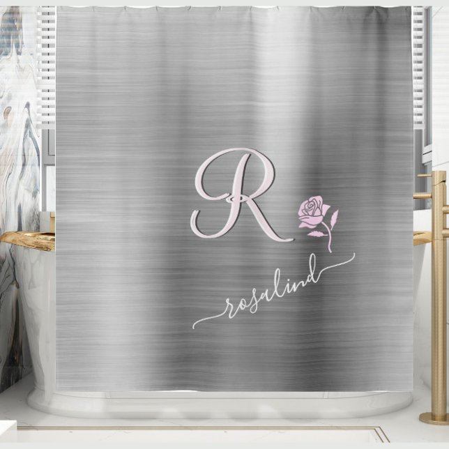 Rideaux De Douche Gris élégant avec Monogramme personnalisé Rose ros (Créateur téléchargé)