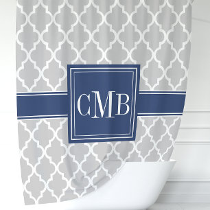 Rideaux De Douche Gris et Bleu Marine Monogramme Marocain