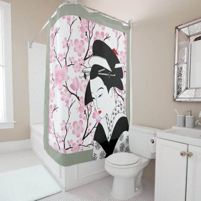 Rideaux De Douche gris gris 2 de rose japonais de geisha de fleurs (En situation)