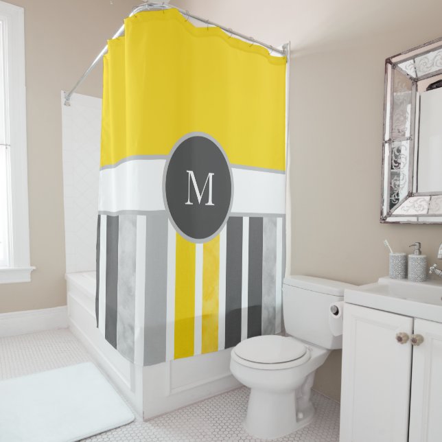 Rideaux De Douche Gris Jaune Blancs (En situation)