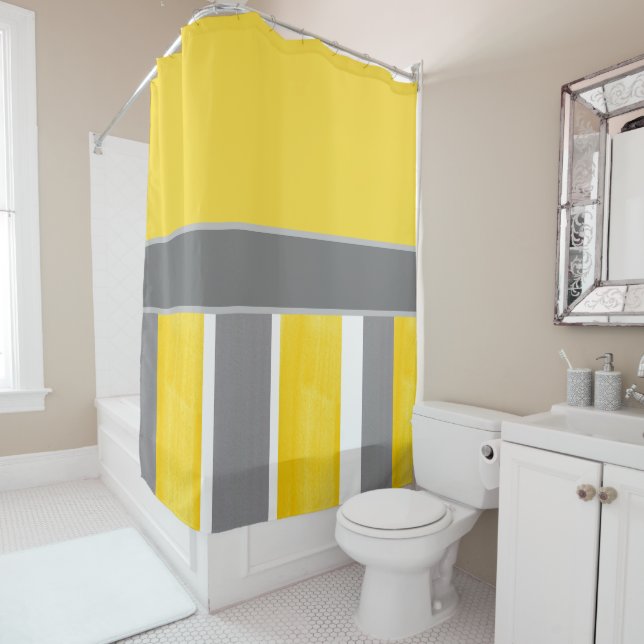 Rideaux De Douche Gris Jaune Gris Blanc Gris Moderne 2 (En situation)
