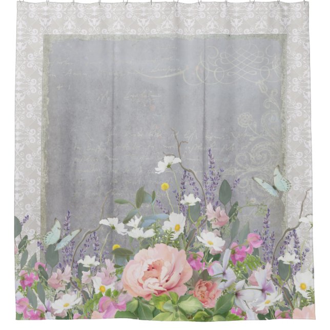 Rideaux De Douche Gris n Blanc Agritourisme Pays Chic Floral Peonies (Devant)