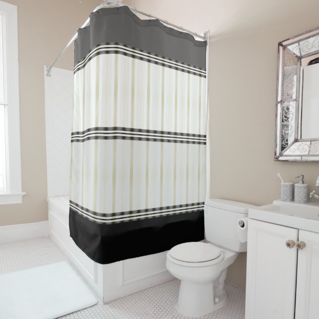 Rideaux De Douche Gris Noir Et Blanc Avec Détail Motif (En situation)