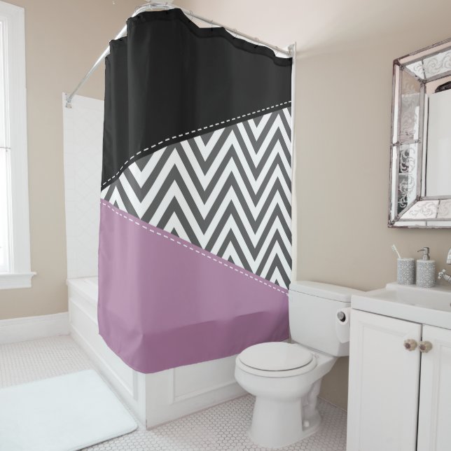 Rideaux De Douche Gris Zigzag, Gris Chevron, Motif Zigzag, Violet (En situation)