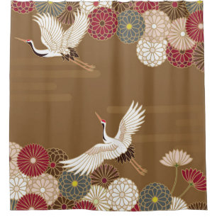 Rideaux De Douche Grues et chrysanthèmes japonais traditionnel pat