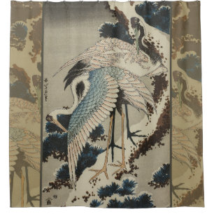 Rideaux De Douche Grues sur un pin couvert de neige Hokusai