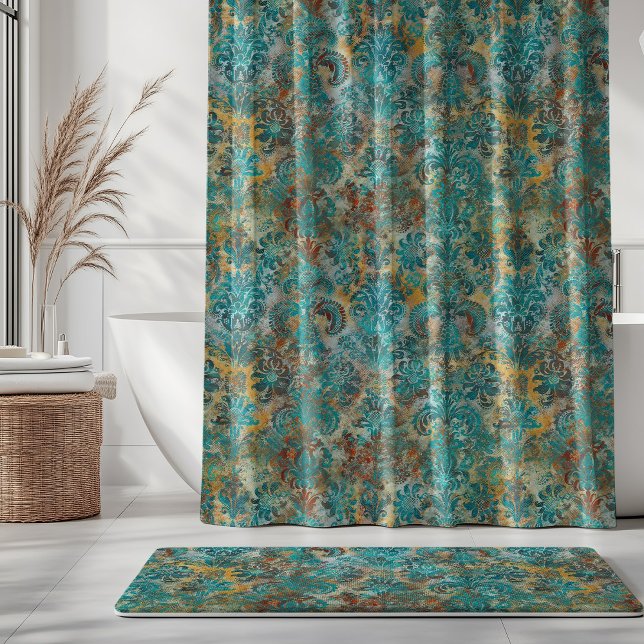 Rideaux De Douche Grunge Damask Aqua Viridian Mustard Terracotta (Créateur téléchargé)