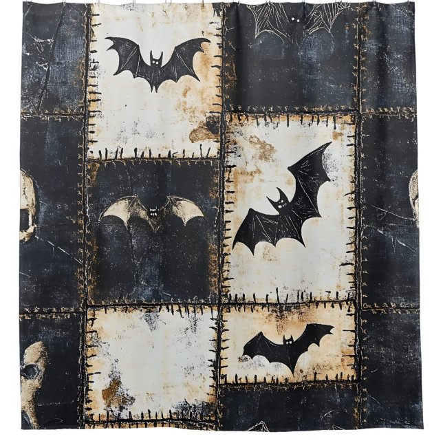 Rideaux De Douche Grunge Gothic Bats & Crânes Denim Motif (Devant)
