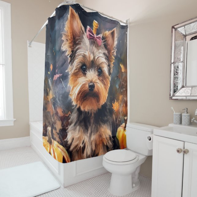 Rideaux De Douche Halloween Biewer Terrier Avec La Peur Citrouille (En situation)