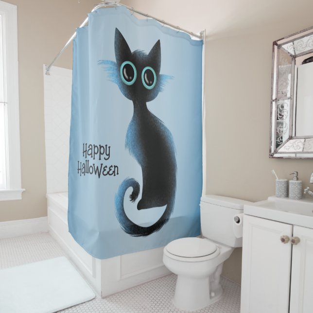 Rideaux De Douche Halloween Big Eyes Black Blue Evil Chat (En situation)