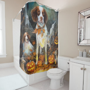 Rideaux De Douche Halloween Brittany Spaniel avec citrouilles effray