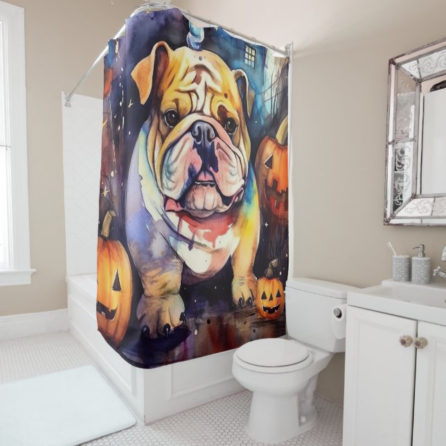 Rideaux De Douche Halloween Bulldog avec la peur Citrouille (En situation)