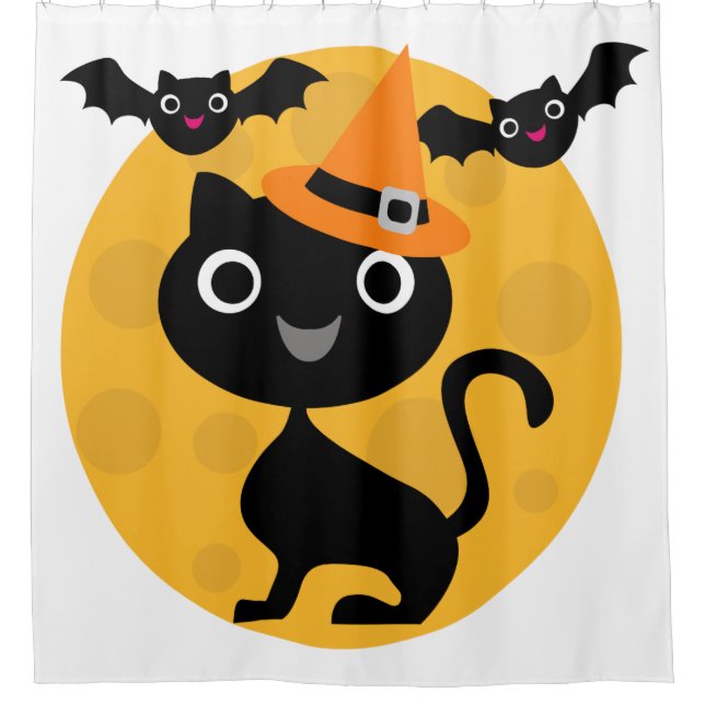 Rideaux De Douche Halloween Chat noir, Lune, chauves-souris (Devant)
