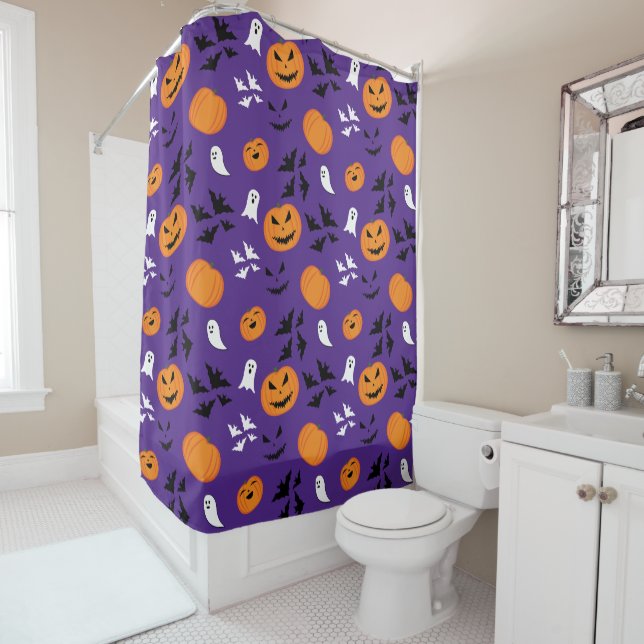 Rideaux De Douche Halloween fantômes citrouille chauves-souris amusa (En situation)