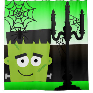 Rideaux De Douche Halloween Frankenstein Spider Webs Candelabra