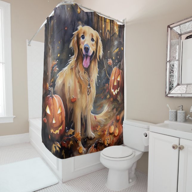 Rideaux De Douche Halloween Golden Retriever avec la peur Citrouille (En situation)
