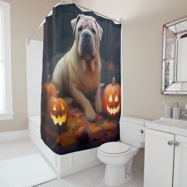 Rideaux De Douche Halloween Shar Pei Avec La Peur Citrouille (En situation)