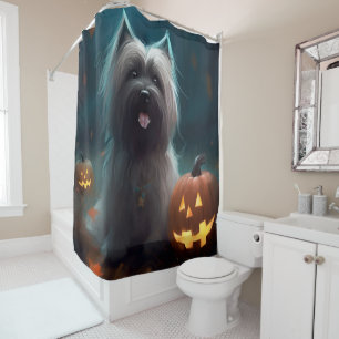 Rideaux De Douche Halloween Skye Terrier Avec La Peur Citrouille