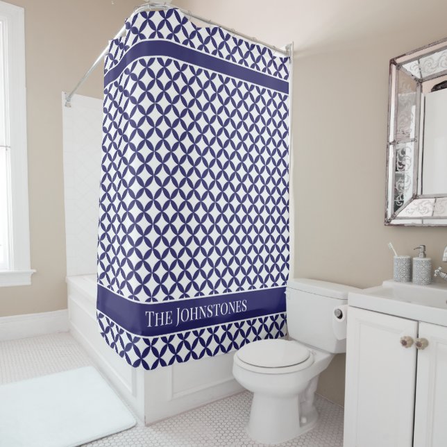 Rideaux De Douche Hamptons Style Montauk Géométrique Bleu et Blanc (En situation)