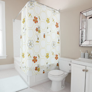Rideaux De Douche Hand-Drawn Honeycomb and Bumblebee Bathroom