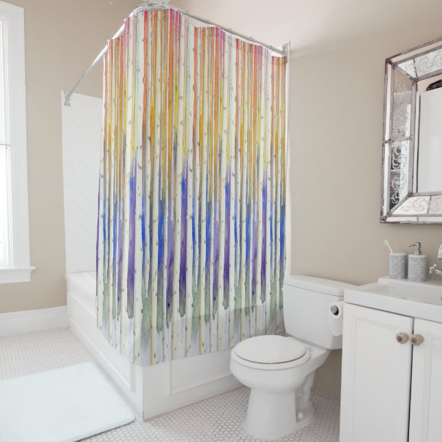 Rideaux De Douche Handpainted rainbow sunset birch watercolor forest (En situation)
