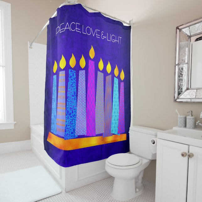 Rideaux De Douche Hanoukka Motif bleu Boho bougie Paix Amour Lumière (En situation)