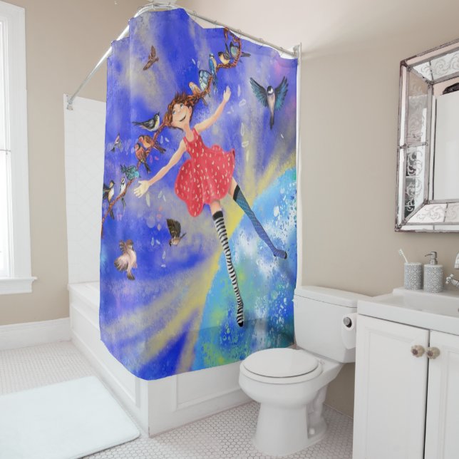 Rideaux De Douche Happy Girl with Birds (En situation)