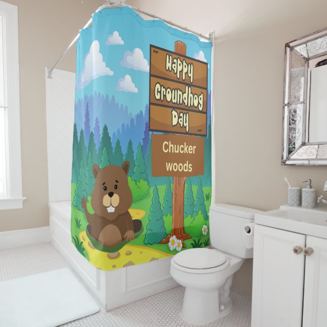 Rideaux De Douche happy ground hog day in woods (En situation)