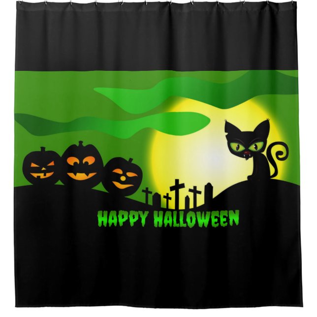 Rideaux De Douche Happy Halloween Chat noir (Devant)