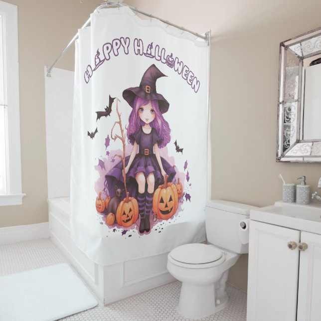 Rideaux De Douche Happy Halloween violet sorcière Citrouilles et cha (En situation)