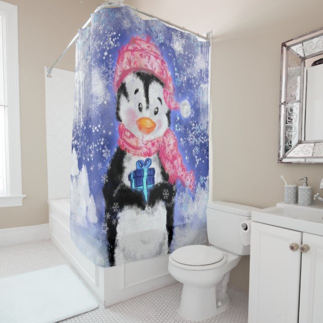Rideaux De Douche Happy Penguin - Noël - (En situation)