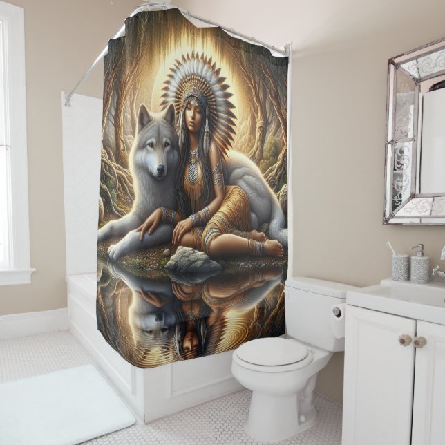Rideaux De Douche Harmonie de l'esprit autochtone avec un loup au cr (En situation)