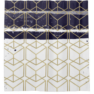 Rideaux De Douche Hexagon Modern Marine Blue Gold Glam géométrique
