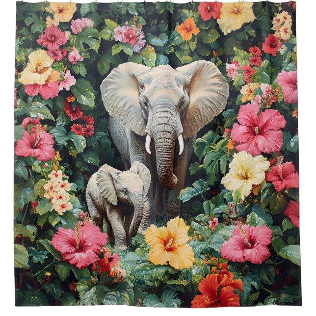Rideaux De Douche Hibiscus des éléphants et du veau (Devant)