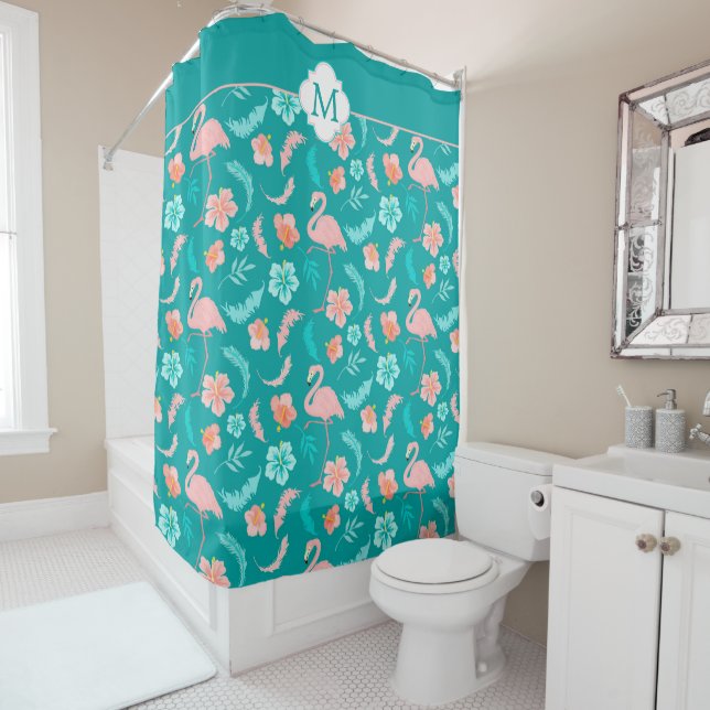 Rideaux De Douche Hibiscus Flamant rose rose Tropical Turquoise (En situation)