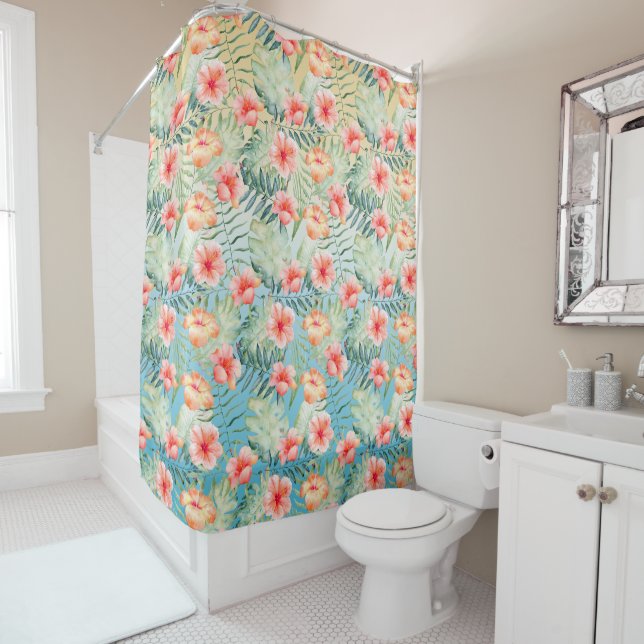 Rideaux De Douche  Hibiscus floral jaune Aqua Pink Peach    (En situation)